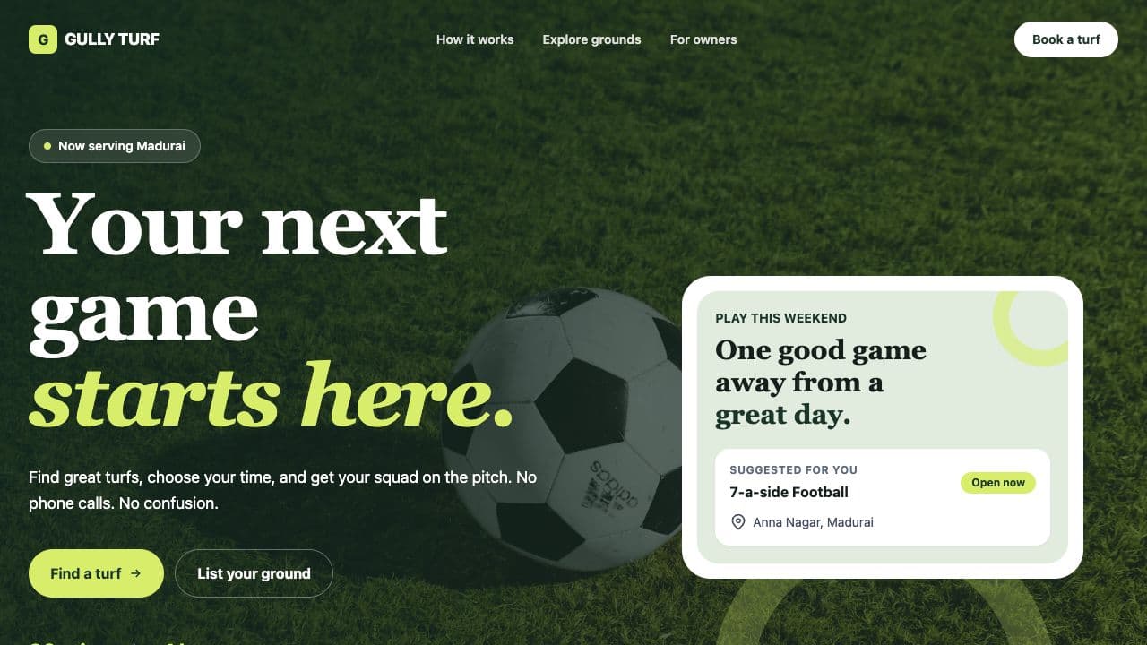 Gully Turf homepage showing its sports ground booking experience