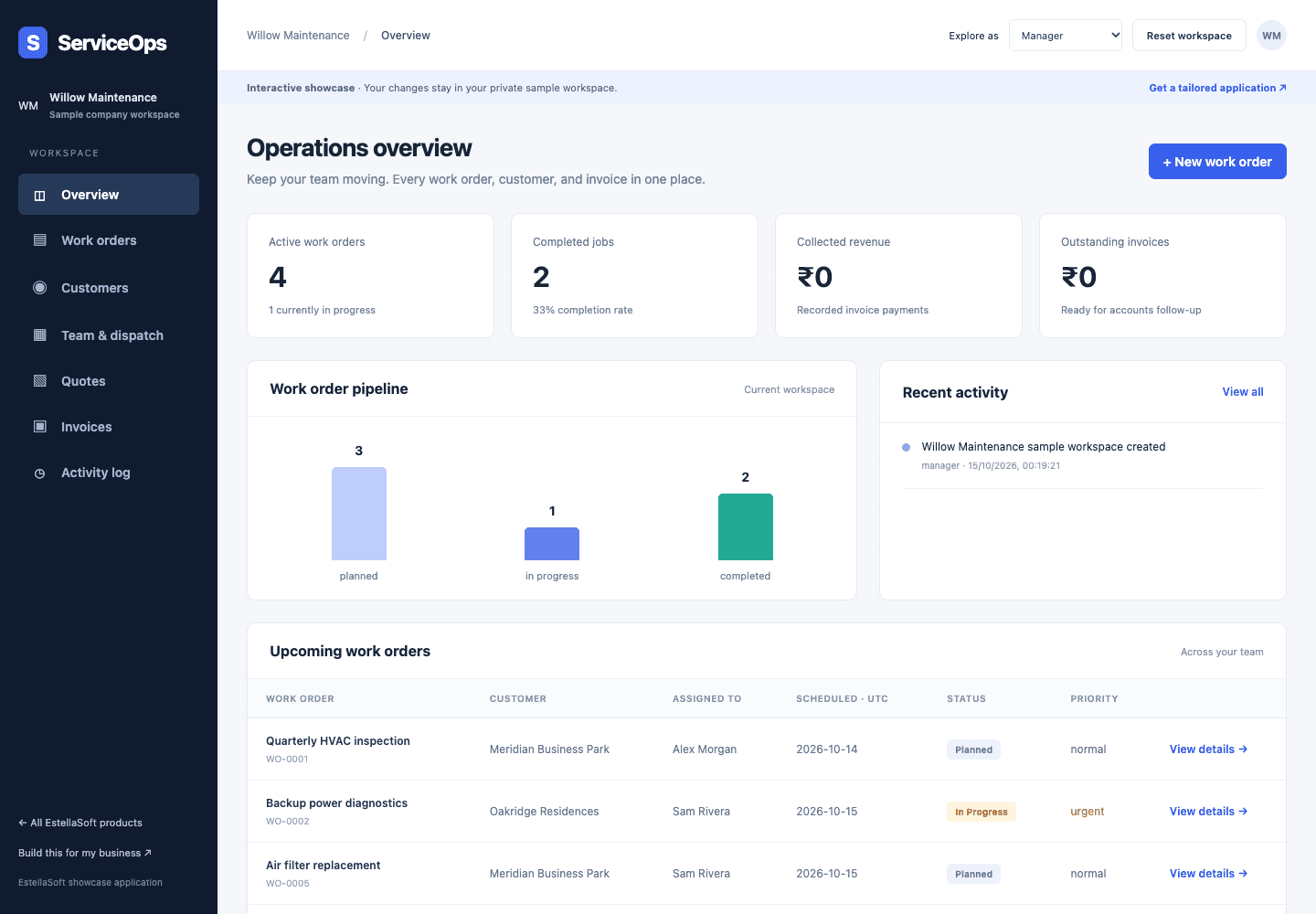ServiceOps field-service application dashboard